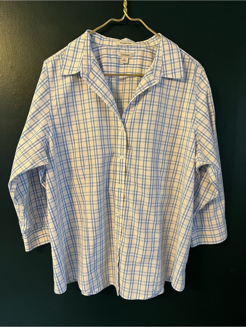 L.L. Bean Wrinkle Free Plaid Shirt Blue Yellow 100% Cotton 503442 Size 1X